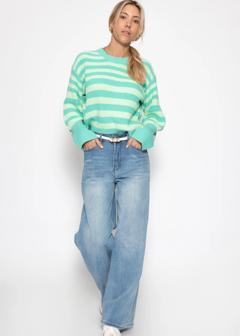 Gestreifter Baumwoll-Pullover - grün-mint