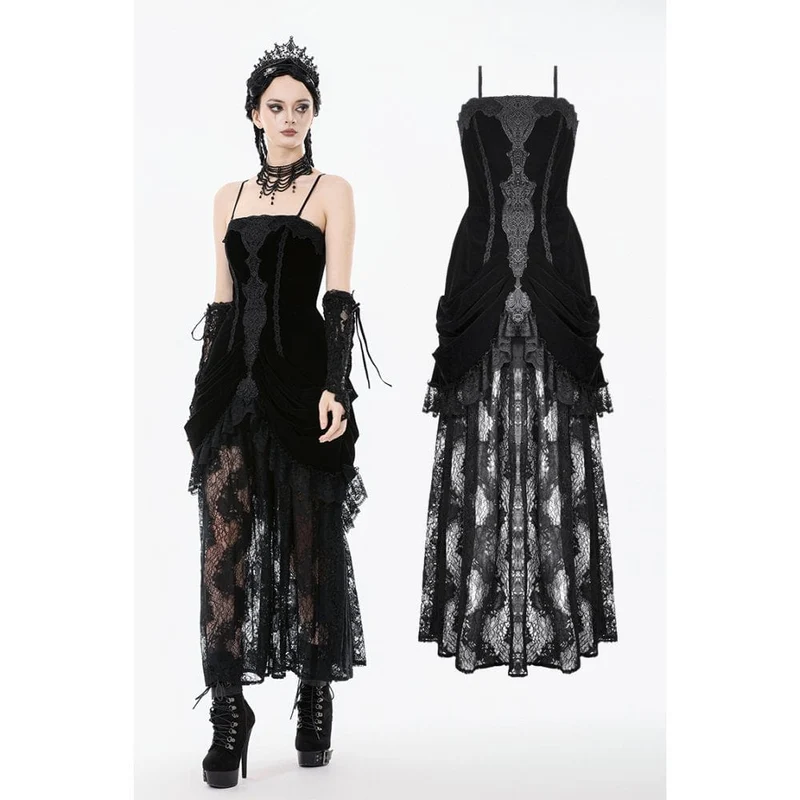 Gothic-Brautkleid für Damen mit besticktem Spitzensaum und Raffungen