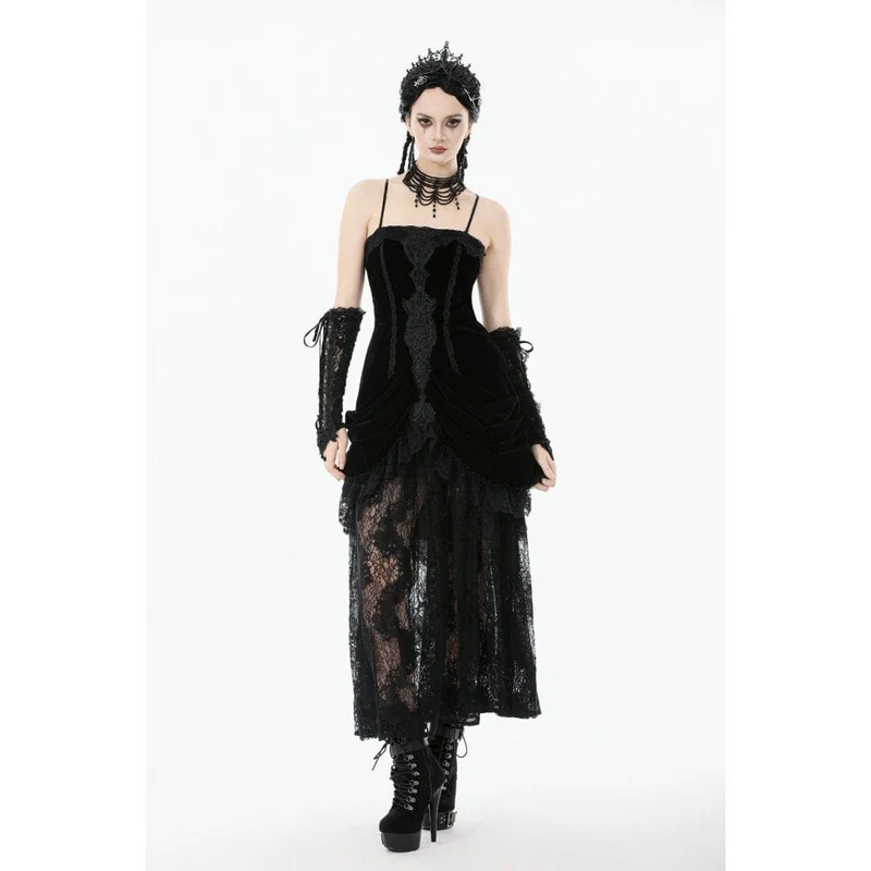 Gothic-Brautkleid für Damen mit besticktem Spitzensaum und Raffungen