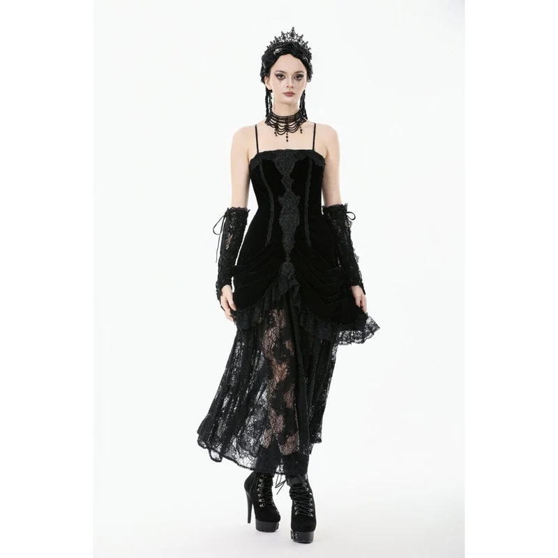 Gothic-Brautkleid für Damen mit besticktem Spitzensaum und Raffungen