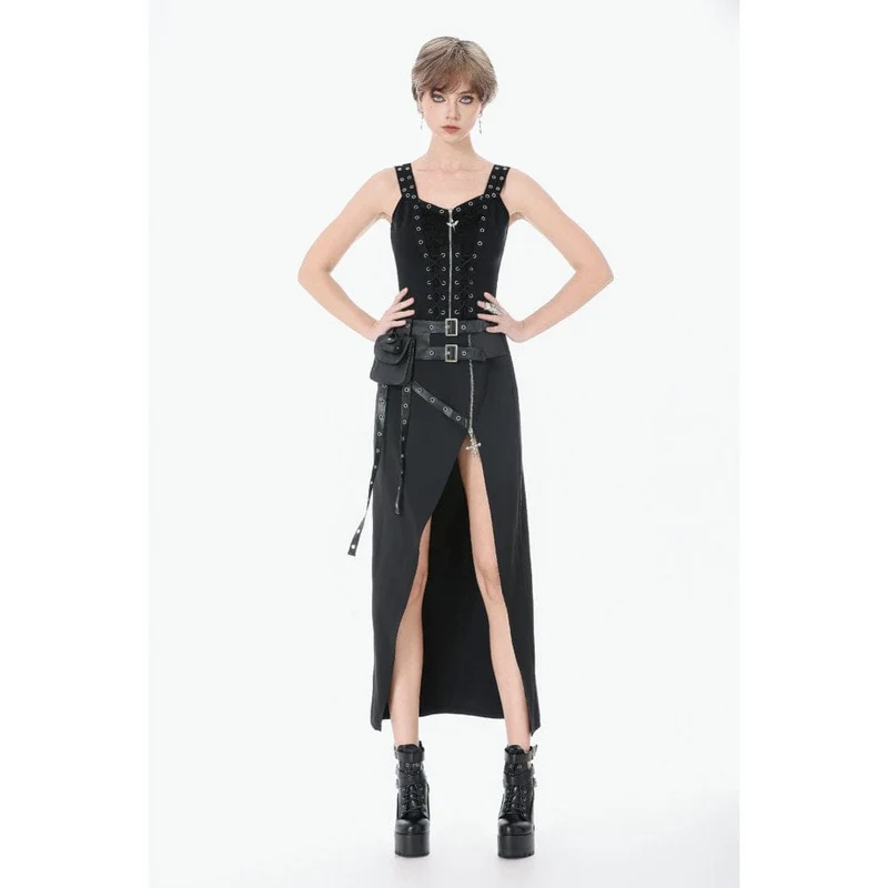 Punk-Tanktop für Damen mit Ösen, Used-Look, Schnürung und Reißverschluss