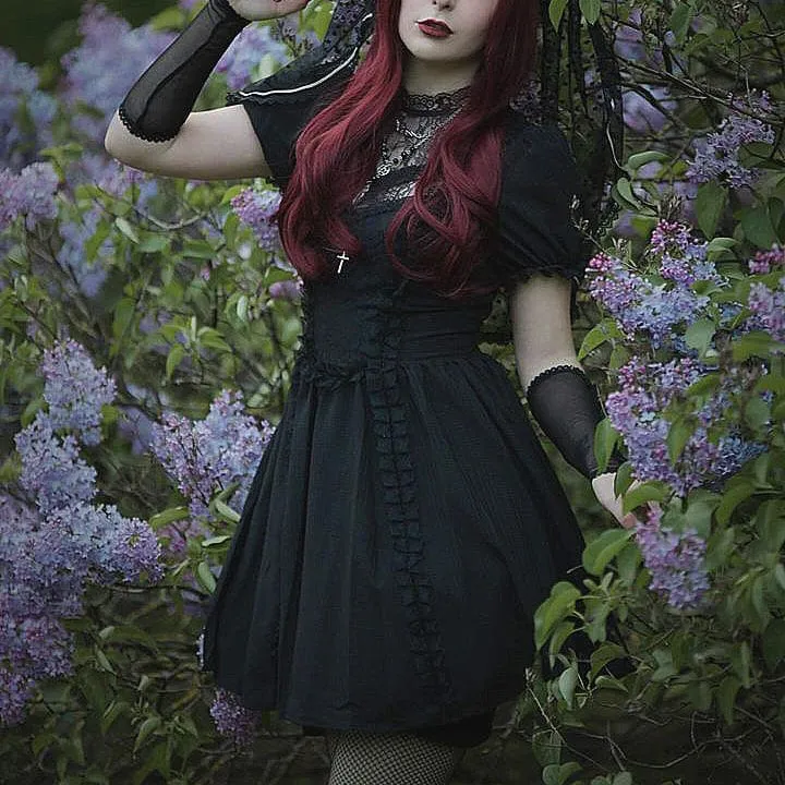 Damen Gothic Lolita Puffärmel Spitzenpuppenkleid