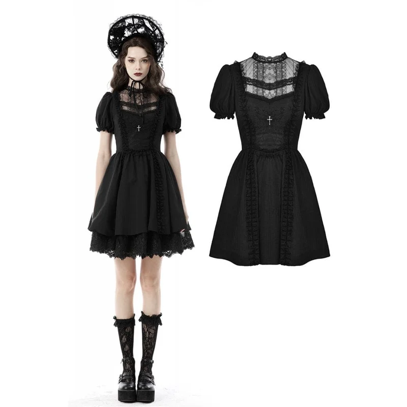 Damen Gothic Lolita Puffärmel Spitzenpuppenkleid