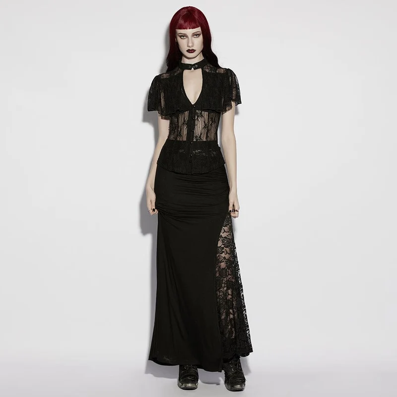 Gothic-Bluse für Damen mit Blumenmuster und Cut-out-Spitze