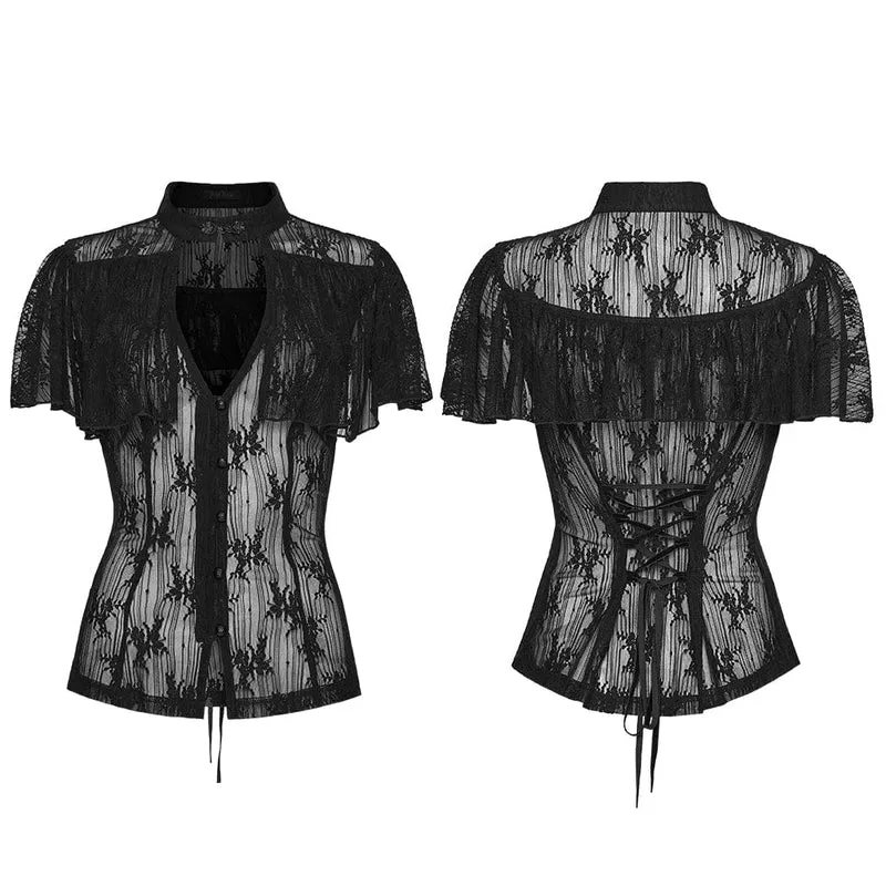 Gothic-Bluse für Damen mit Blumenmuster und Cut-out-Spitze