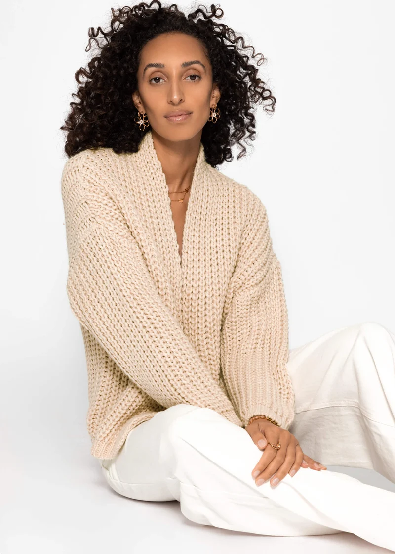 Offener Grobstrick-Cardigan - beige