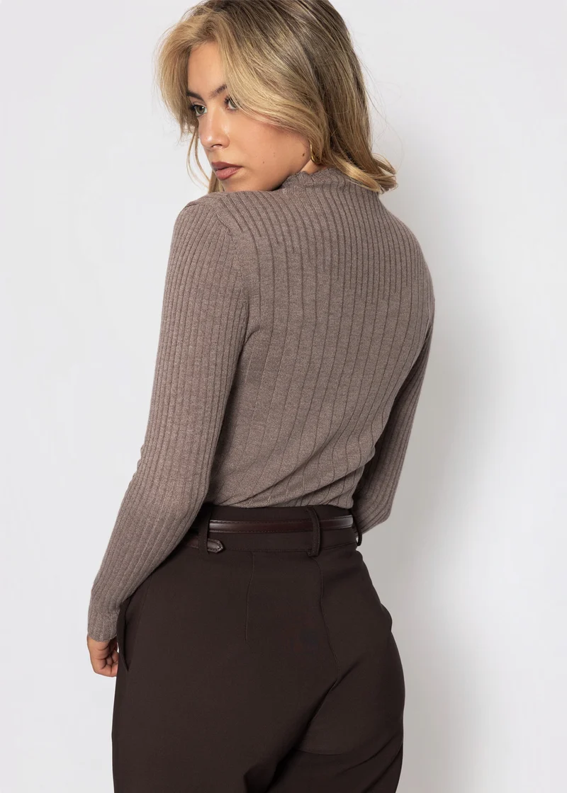 Rippstrickoberteil mit Stehkragen - taupe