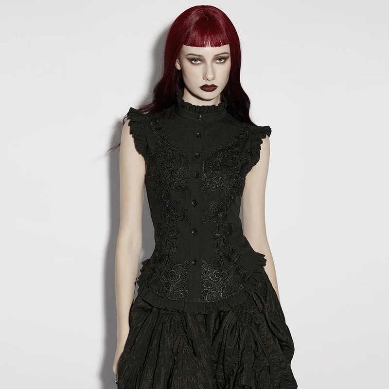 Gothic-Damenbluse mit Blumenstickerei, Rüschen und Stehkragen
