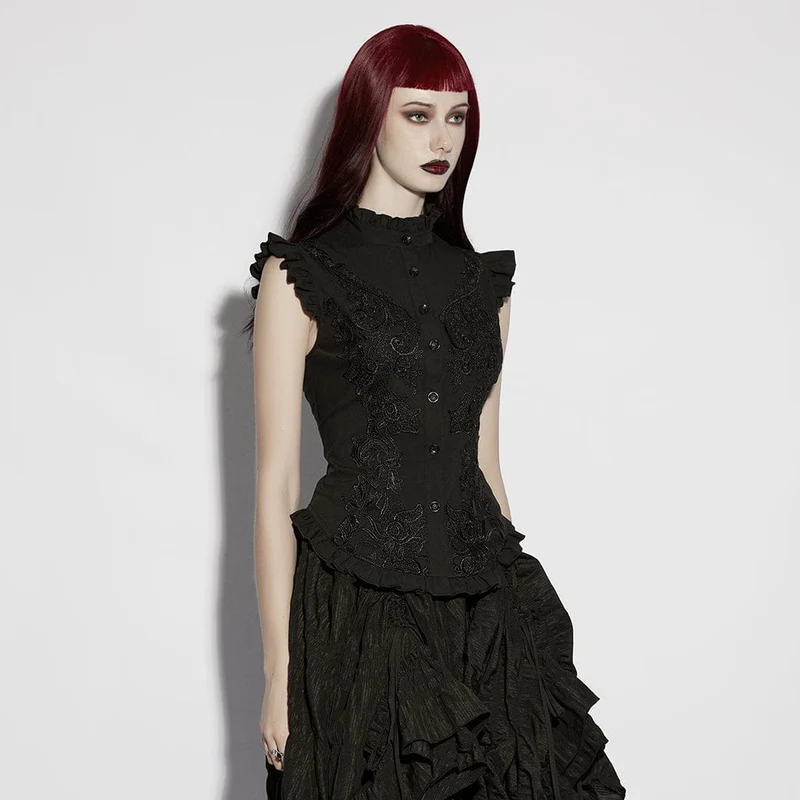 Gothic-Damenbluse mit Blumenstickerei, Rüschen und Stehkragen