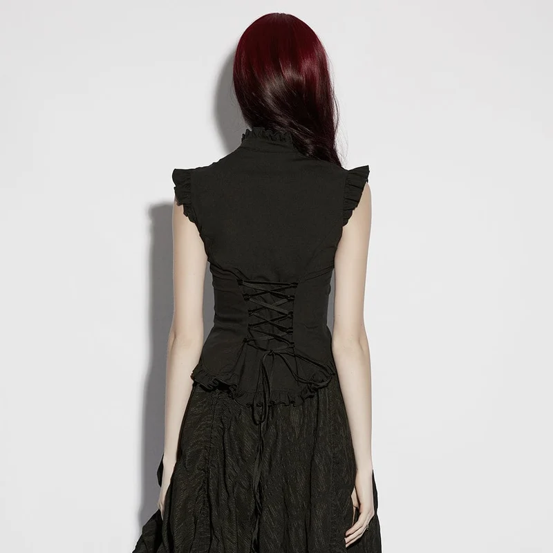 Gothic-Damenbluse mit Blumenstickerei, Rüschen und Stehkragen