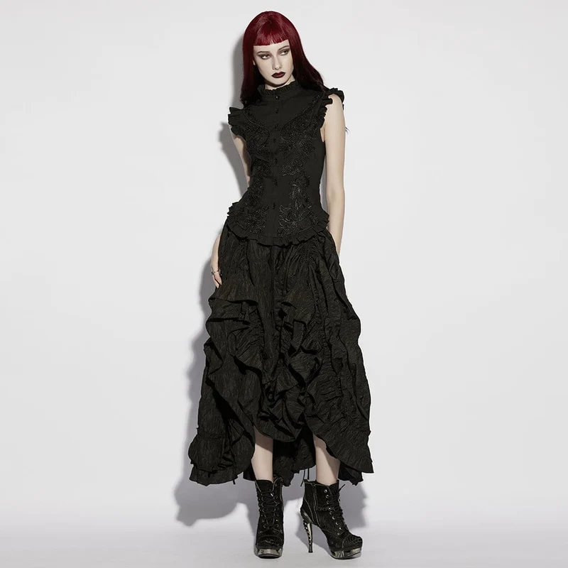 Gothic-Damenbluse mit Blumenstickerei, Rüschen und Stehkragen