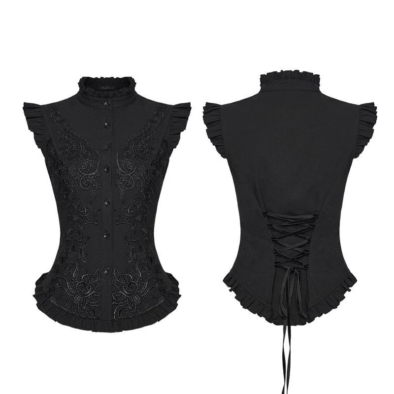 Gothic-Damenbluse mit Blumenstickerei, Rüschen und Stehkragen