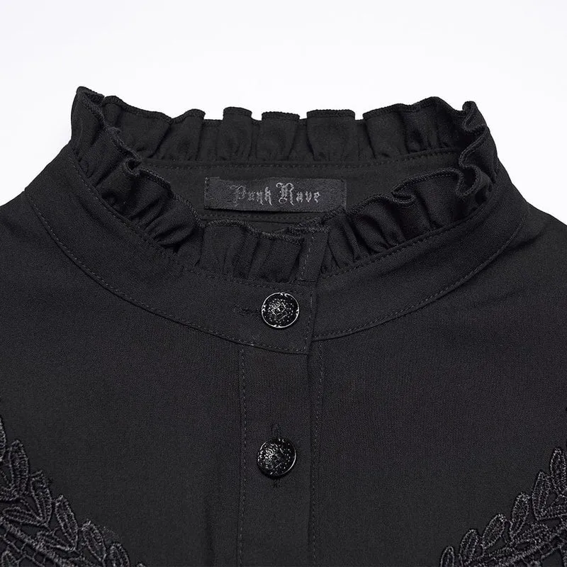 Gothic-Damenbluse mit Blumenstickerei, Rüschen und Stehkragen