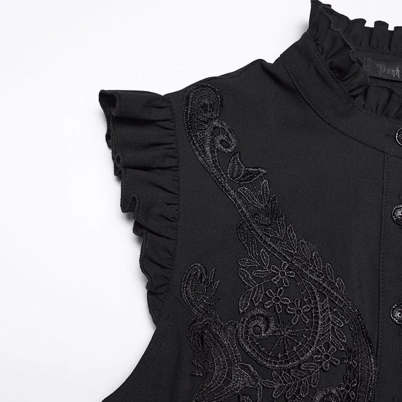 Gothic-Damenbluse mit Blumenstickerei, Rüschen und Stehkragen