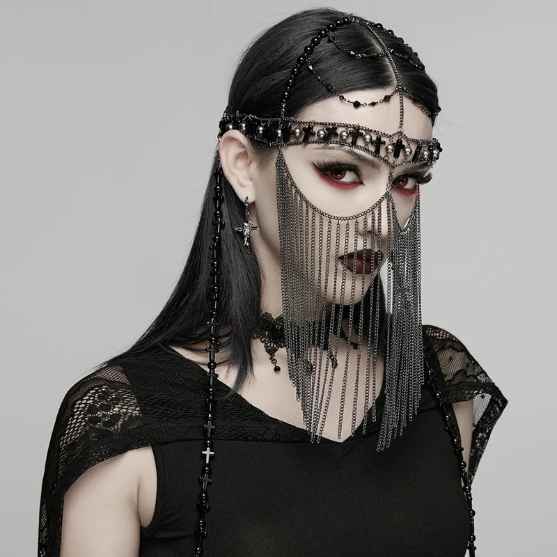 Gothic-Kopfbedeckung für Damen mit Kreuzquasten und Kette