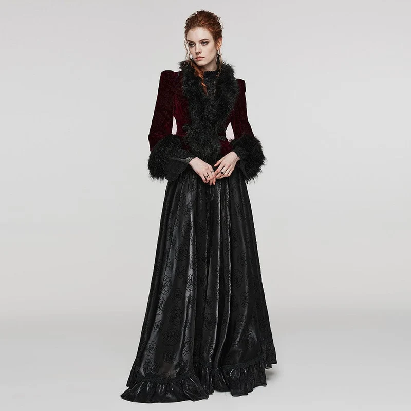 Damen-Gothic-Mantel mit tiefem Ausschnitt aus Kunstfell und Spleiß-Samt