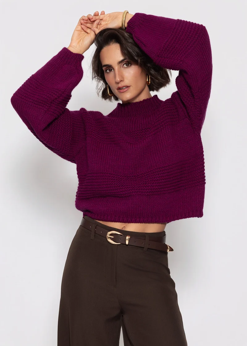 Strickpullover mit Strukturstreifen - plum