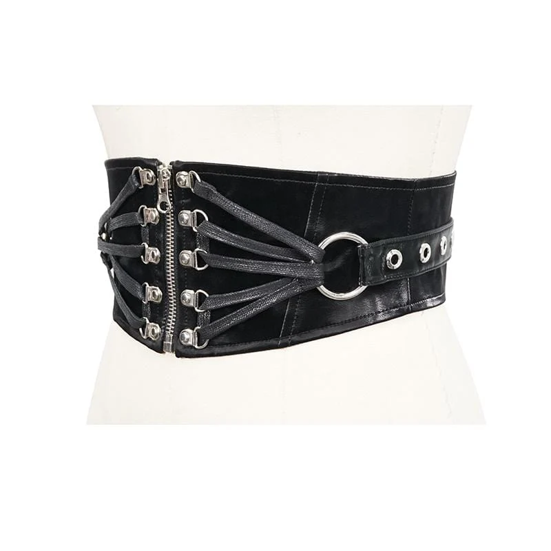 Damen Gothic Hoop Black PU Leder Breiter Taillengürtel