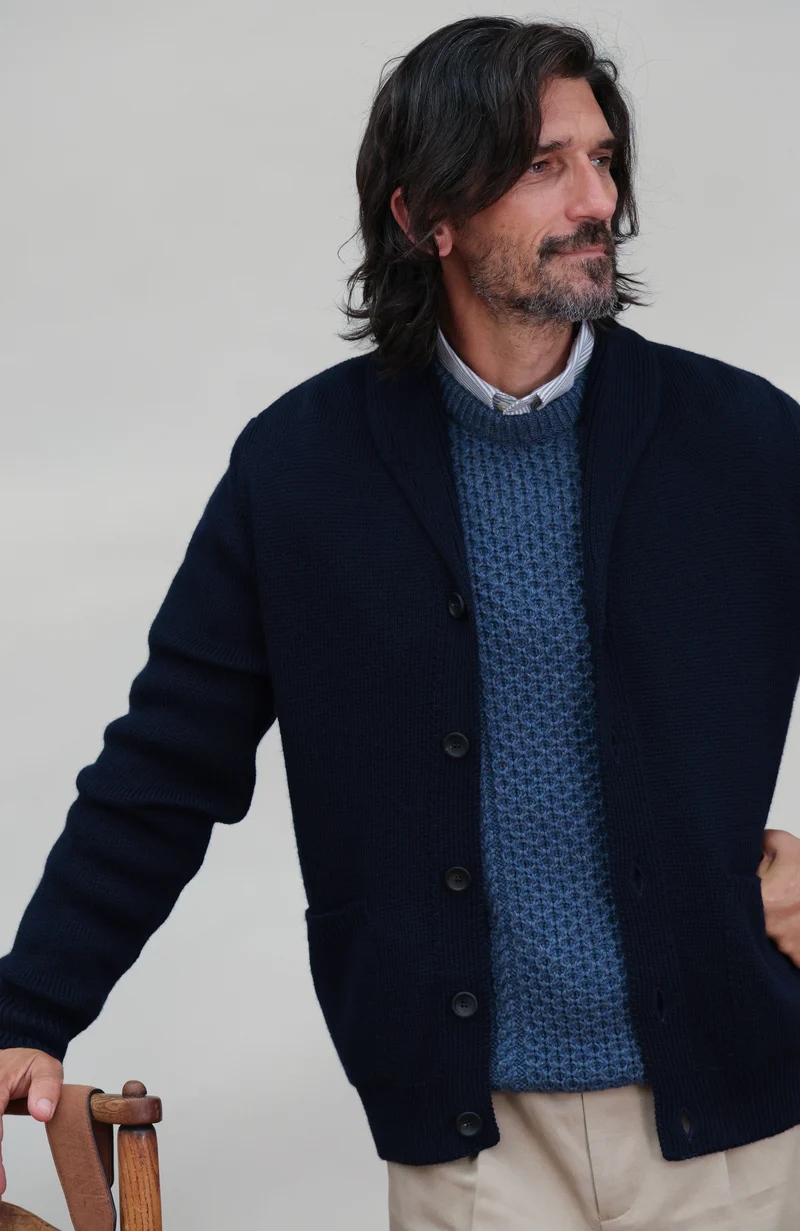 Mens Chunky Merino Wool Shawl Collar Cardigan