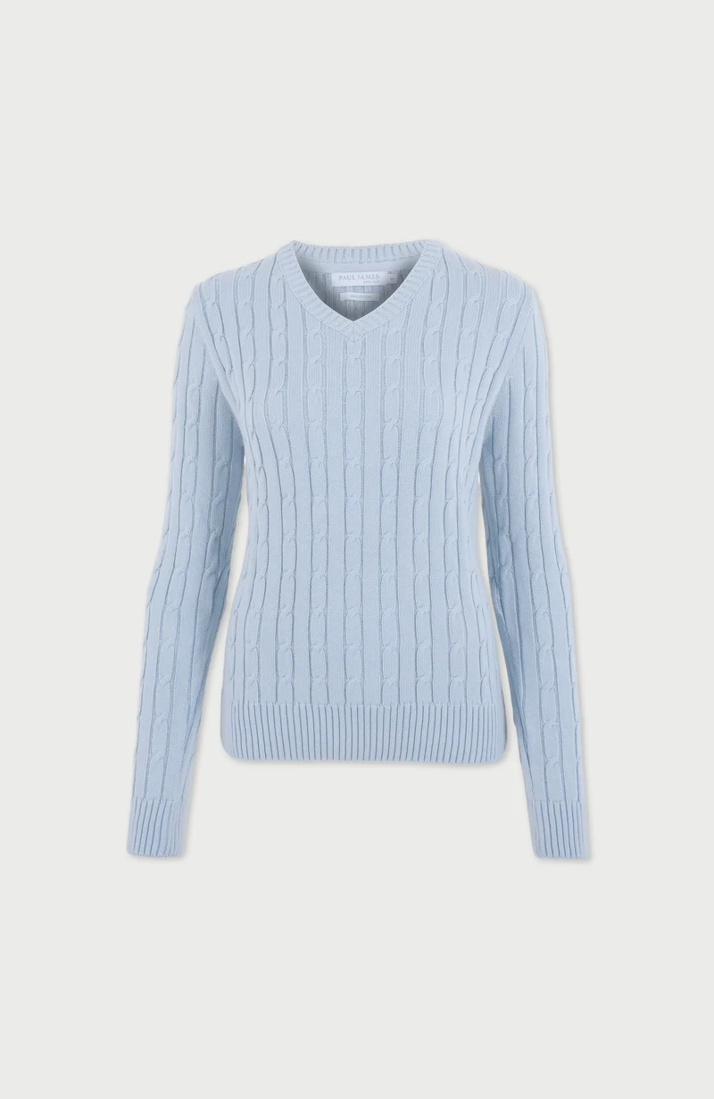 Damenpullover aus 100 % Baumwolle mit Zopfmuster und V-Ausschnitt