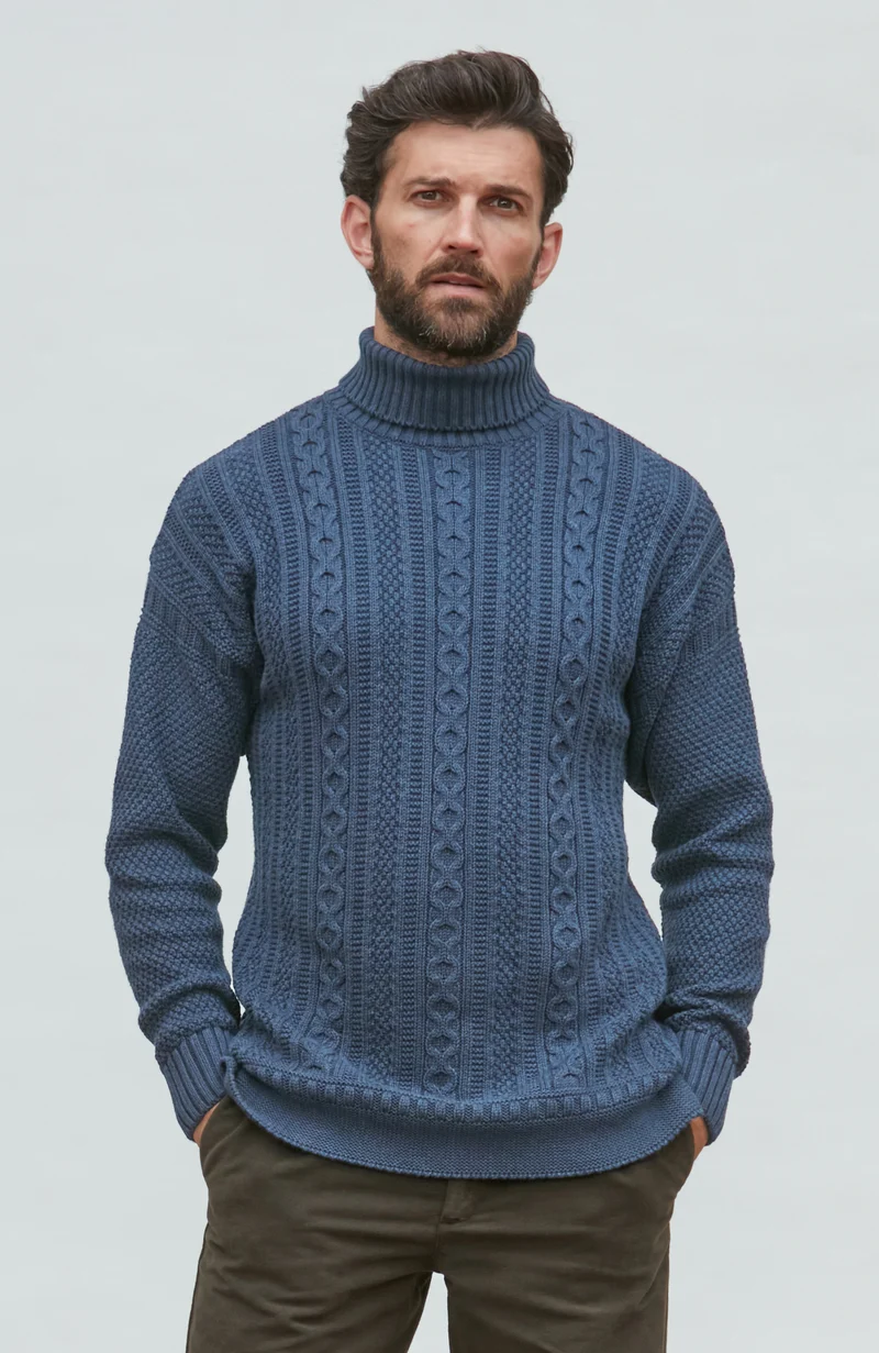 Mens Midweight Cotton Cable Roll Neck Gansey Jumper