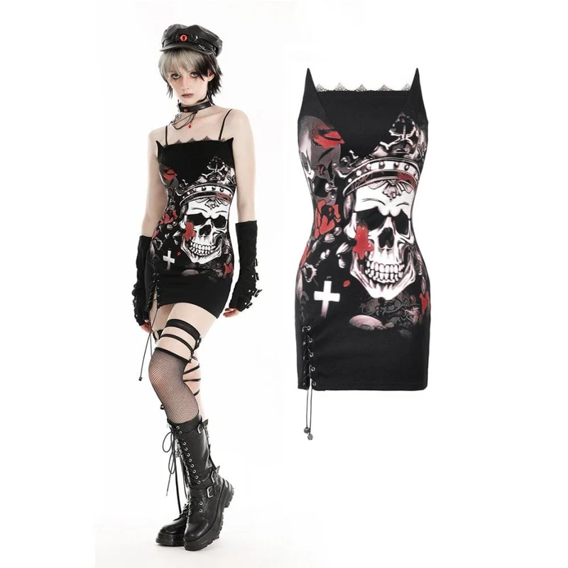 Gothic-Hexen-Slipkleid mit Totenkopf-Print für Damen