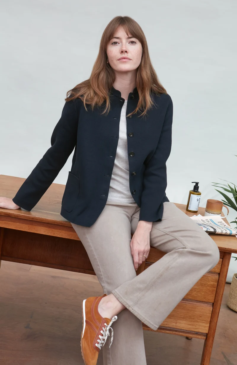 Womens Midweight Cotton Knitted Nehru Jacket