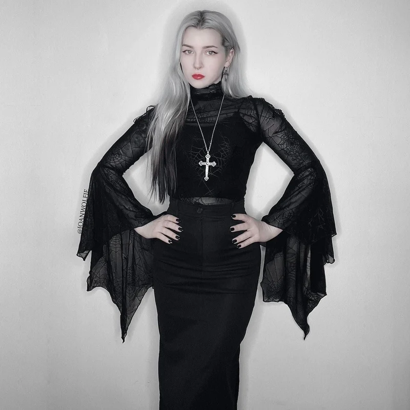 Gothic Flared Sleeved Spider Web Sheer Shirt für Damen