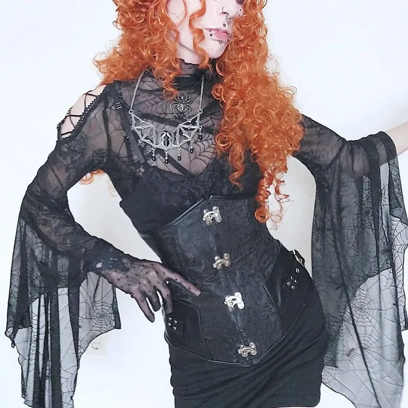 Gothic Flared Sleeved Spider Web Sheer Shirt für Damen