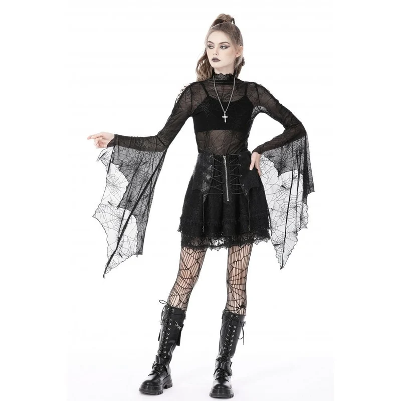 Gothic Flared Sleeved Spider Web Sheer Shirt für Damen