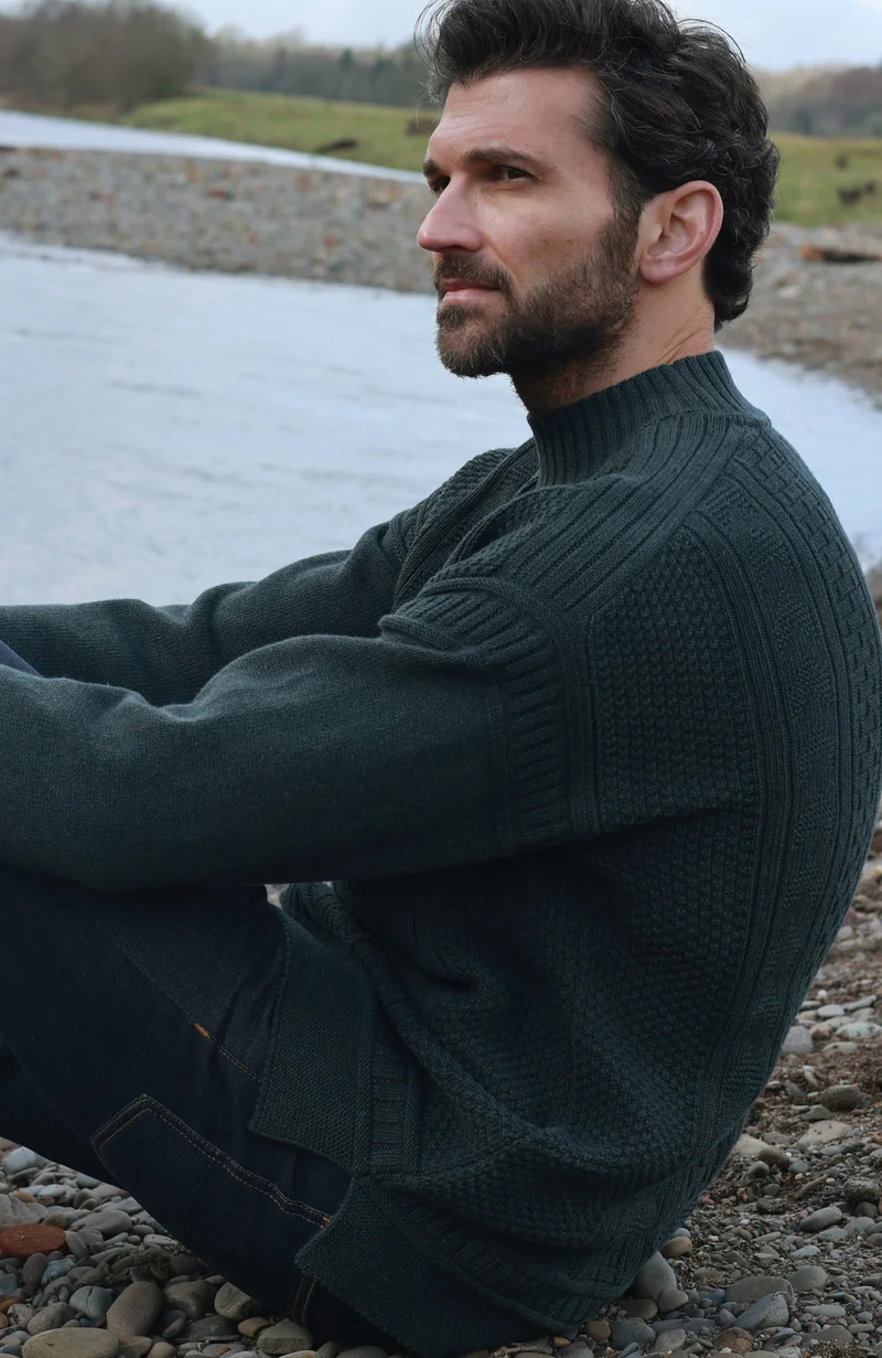 Mens Midweight Cotton Mock Neck Gansey Jumper