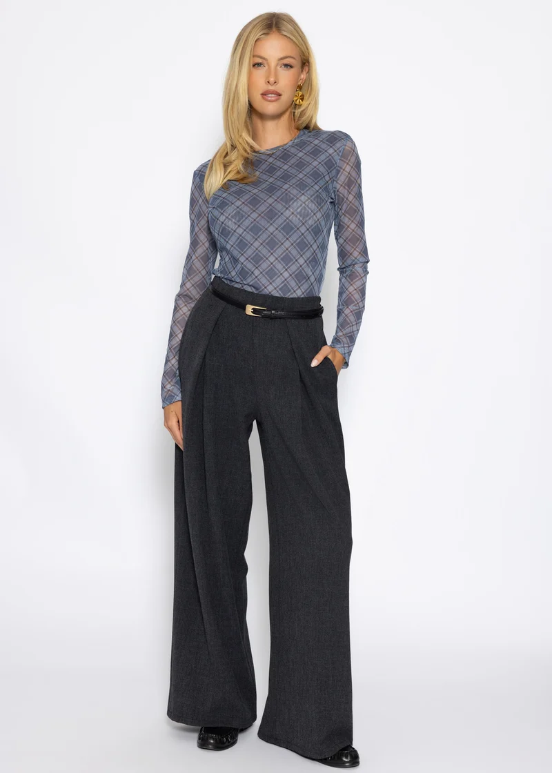 Mesh Langarmshirt mit kariertem Muster - blau