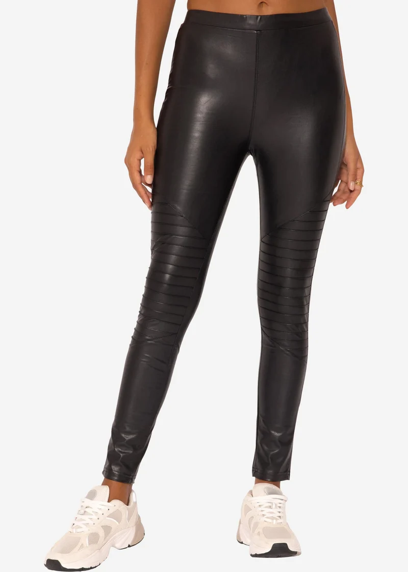 Kunstleder Leggings mit Absteppung - schwarz