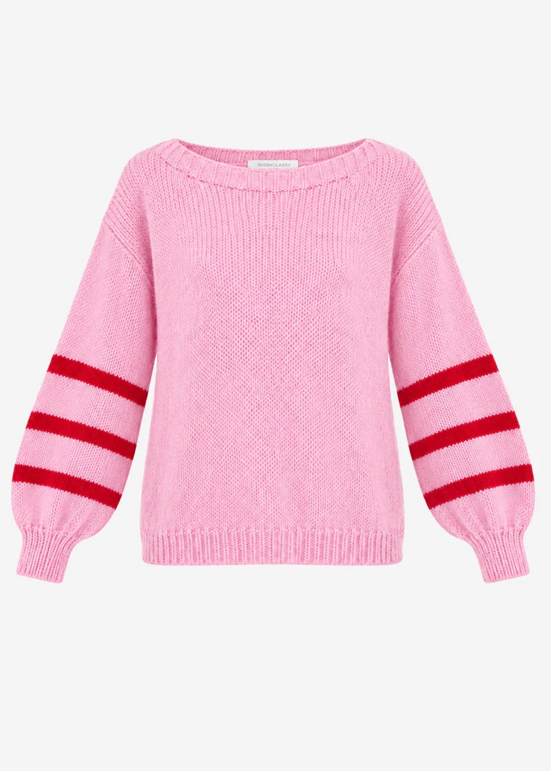 Kurzer Strickpullover mit gestreiften Ärmeln - rosa