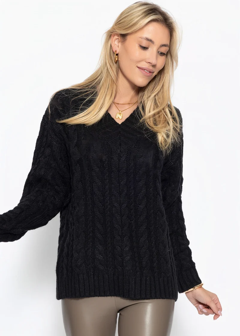 Zopfstrickpullover mit V-Ausschnitt - schwarz