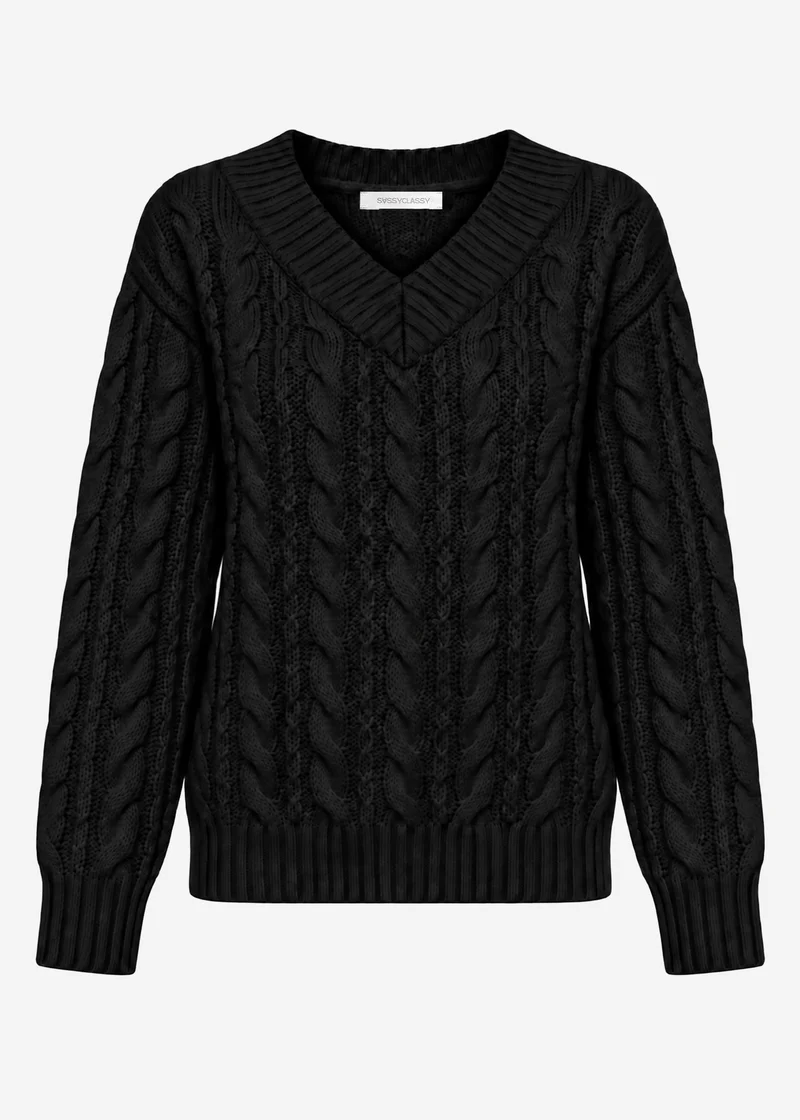Zopfstrickpullover mit V-Ausschnitt - schwarz