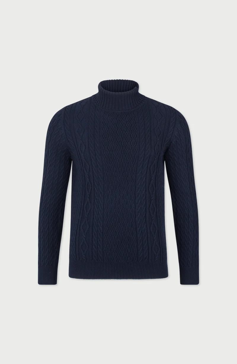 Mittelschwerer Zopfpullover aus 100 % Baumwolle mit Rollkragen für Herren