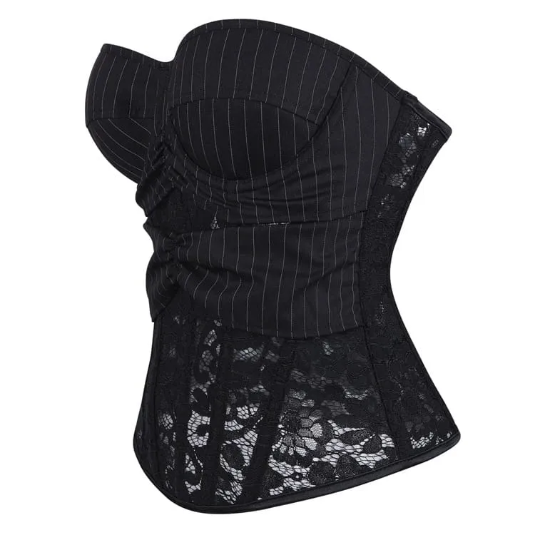 Gothic-Schnürkorsett für Damen mit Nadelstreifen, Blumenmuster und Spitze über der Brust