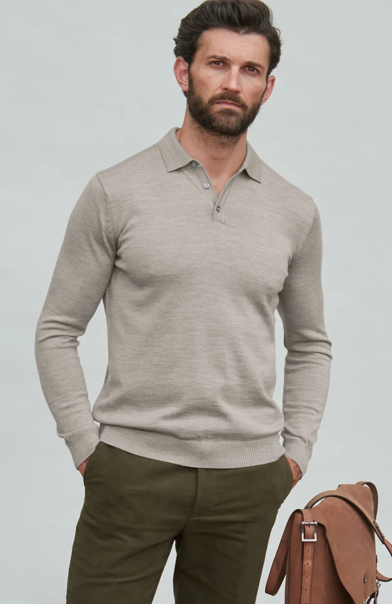 Langarm-Poloshirt aus extrafeiner Merinowolle für Herren