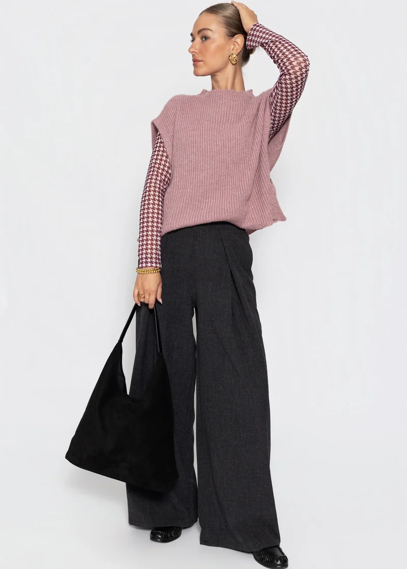 Mesh Langarmshirt mit Hahnentrittmuster - burgundy
