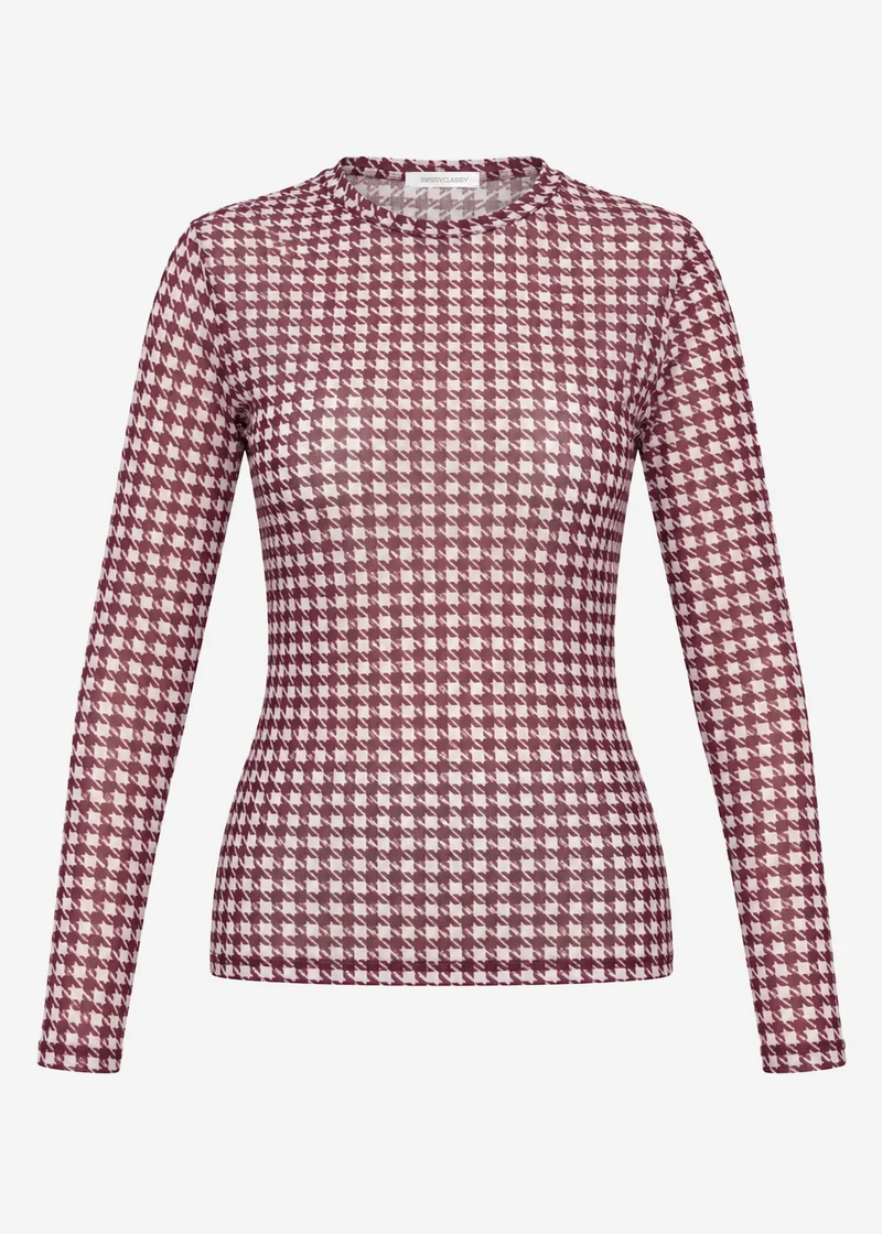 Mesh Langarmshirt mit Hahnentrittmuster - burgundy
