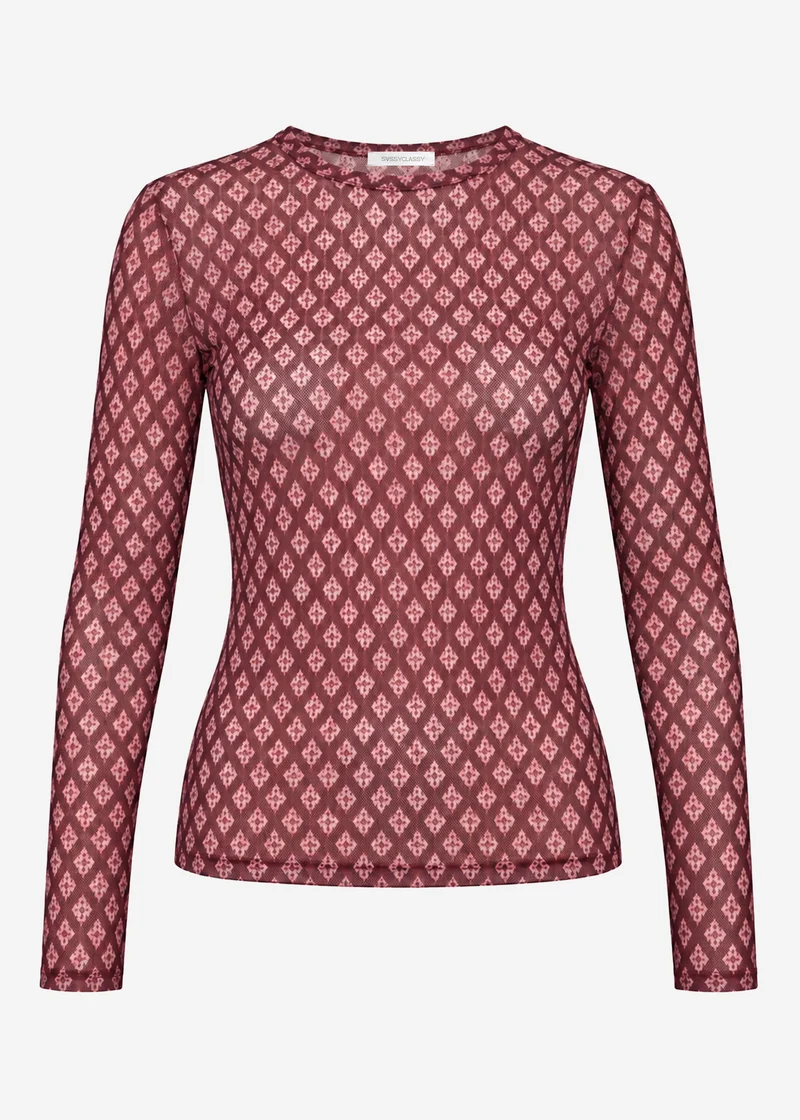 Mesh Langarmshirt mit geometrischem Muster - burgundy