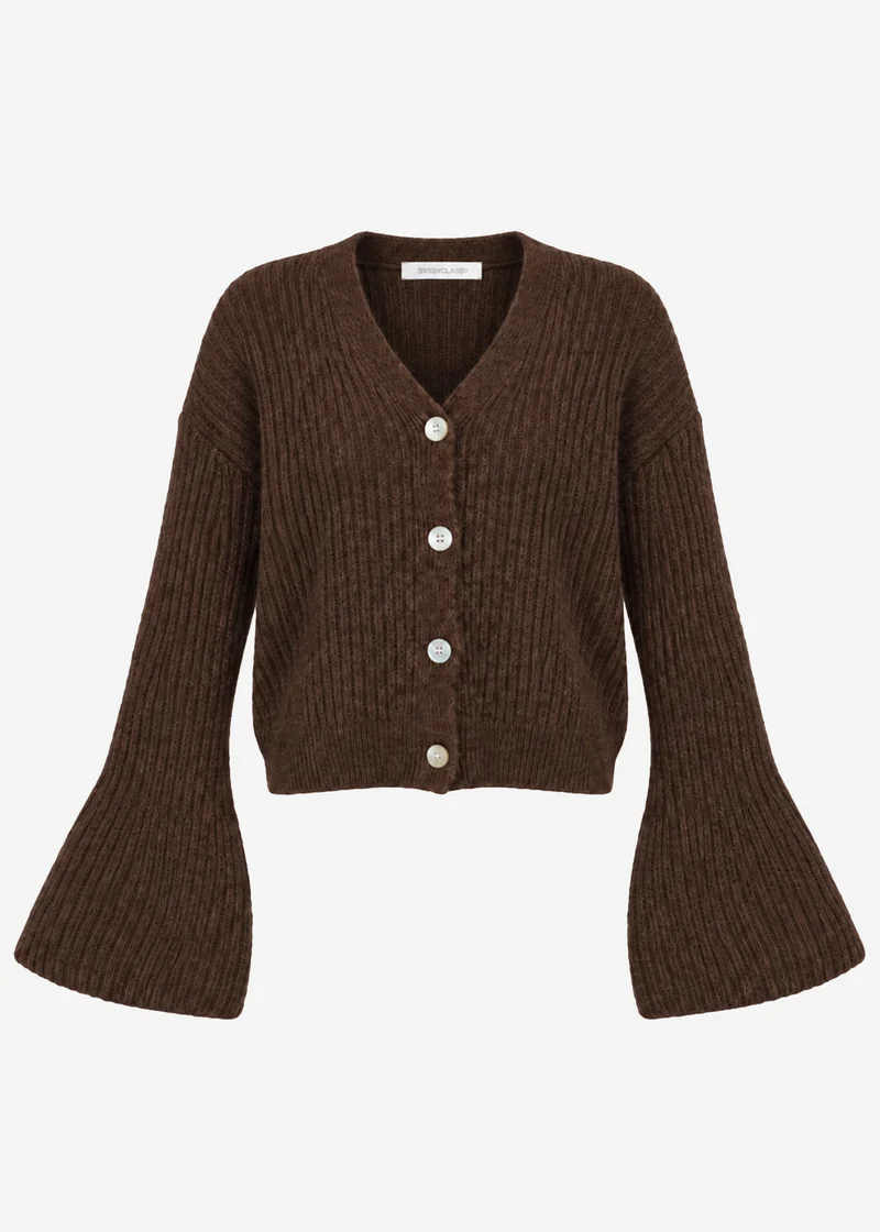 Strickjacke mit Trompetenärmeln - braun