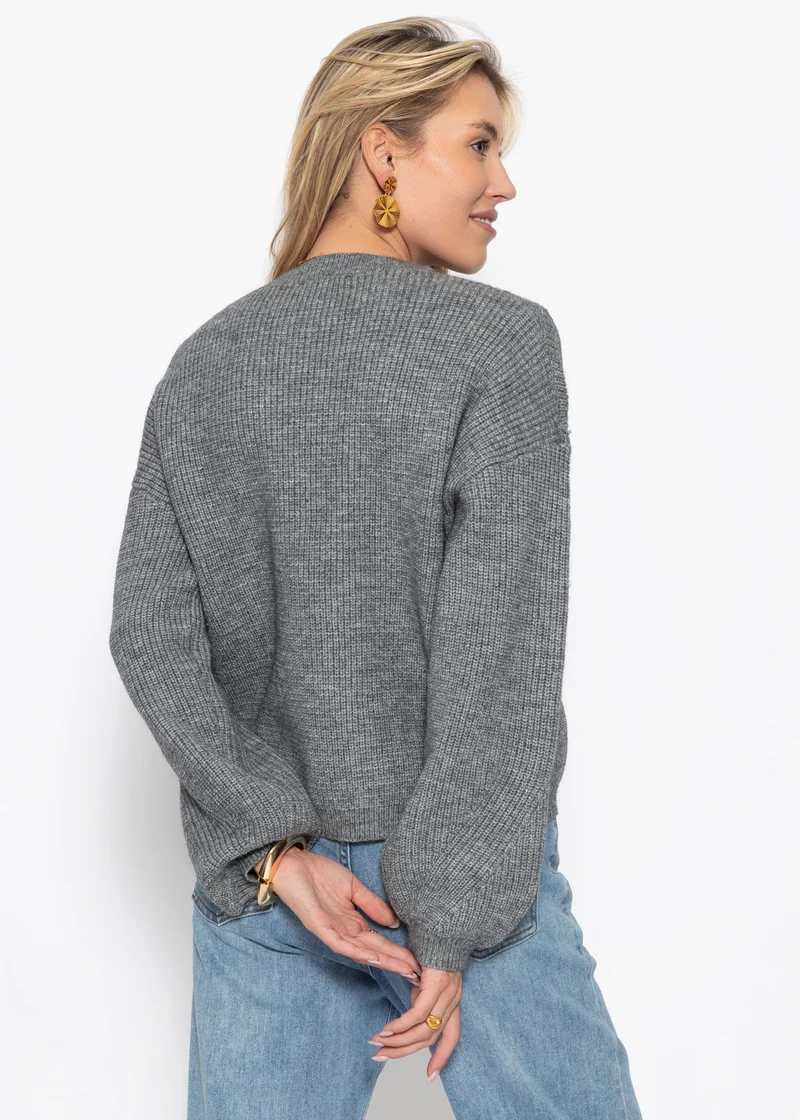 Rippstrickpullover mit hohem V-Ausschnitt - grau