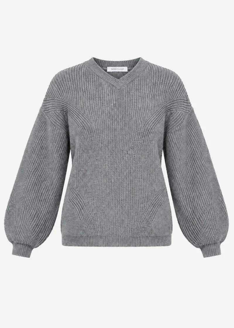 Rippstrickpullover mit hohem V-Ausschnitt - grau