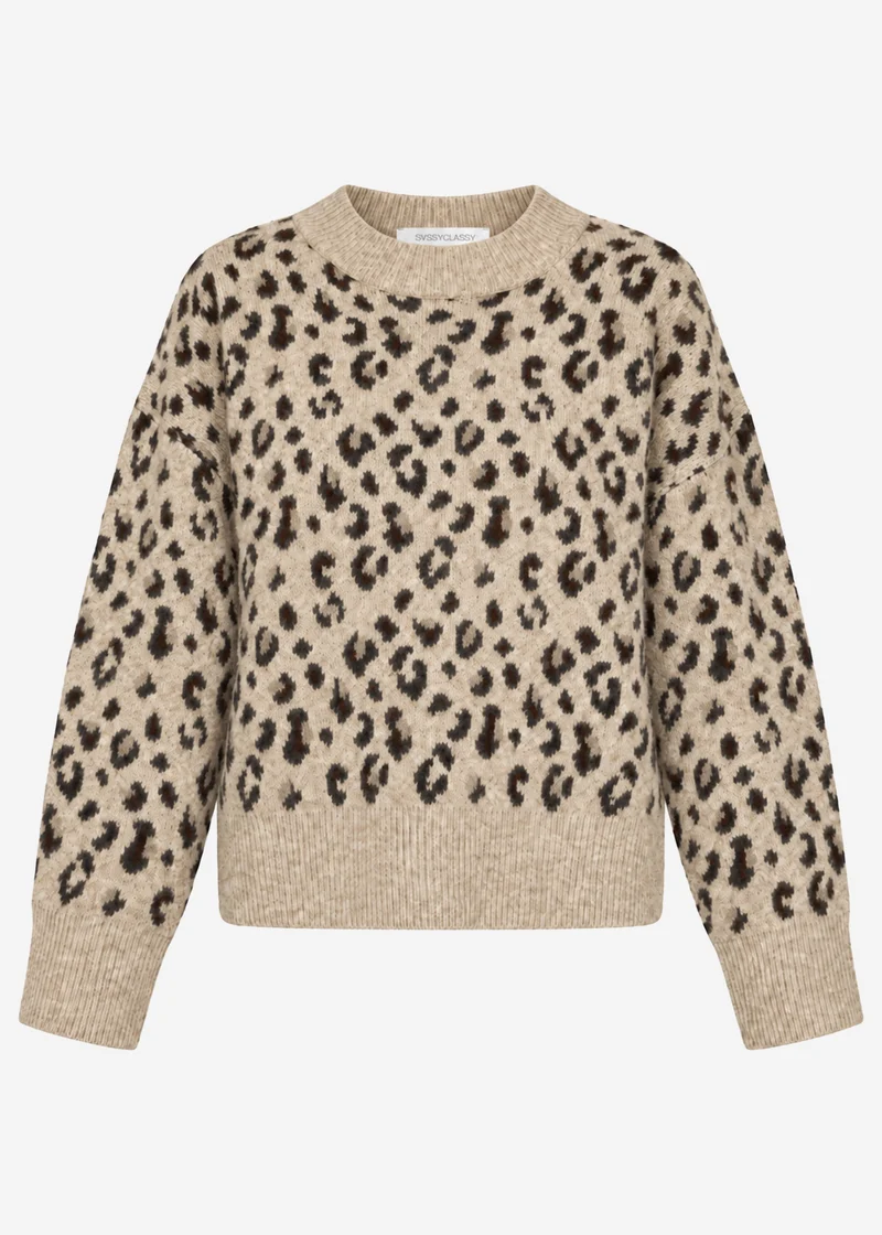 Pullover mit breiter Rippe und Leo-Muster - beige