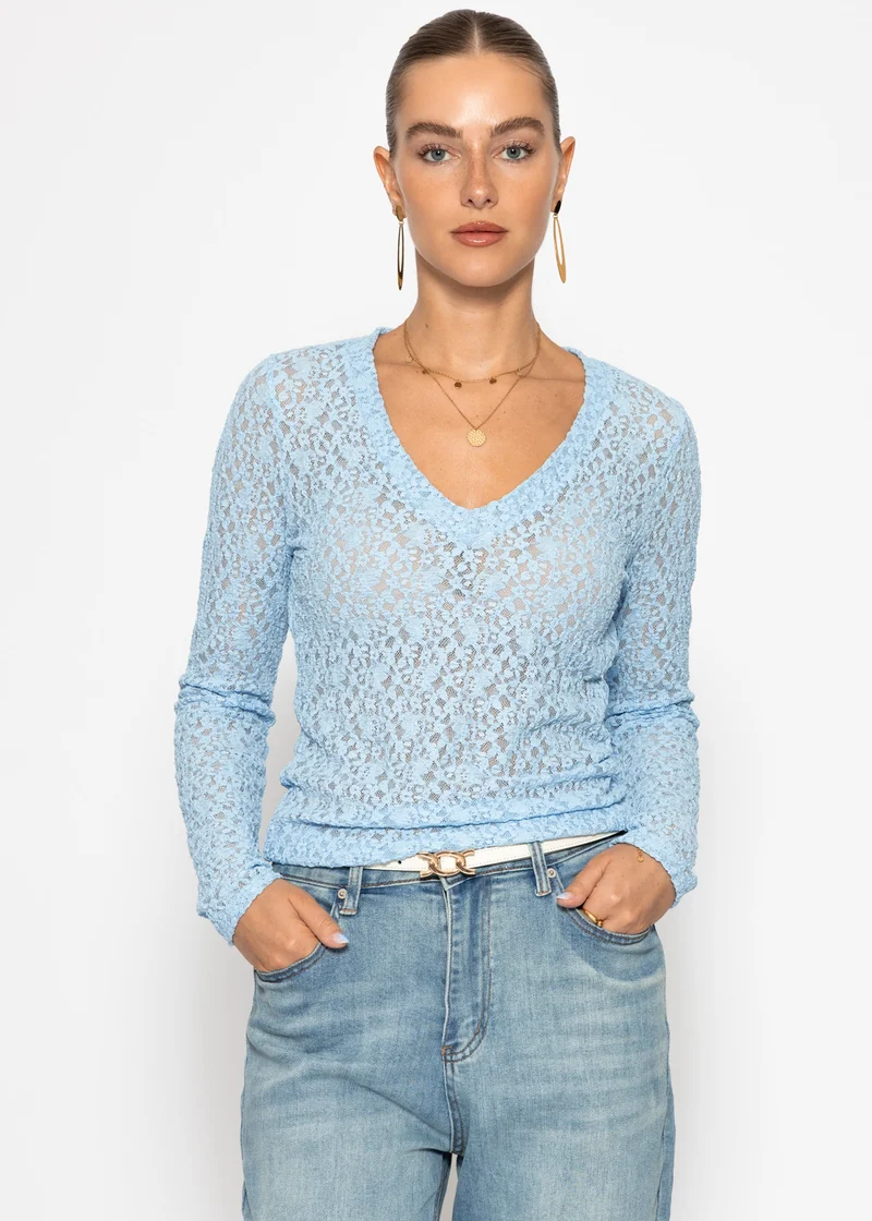 Langarm Spitzenshirt mit V-Ausschnitt - hellblau