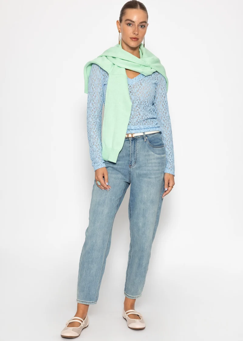 Langarm Spitzenshirt mit V-Ausschnitt - hellblau