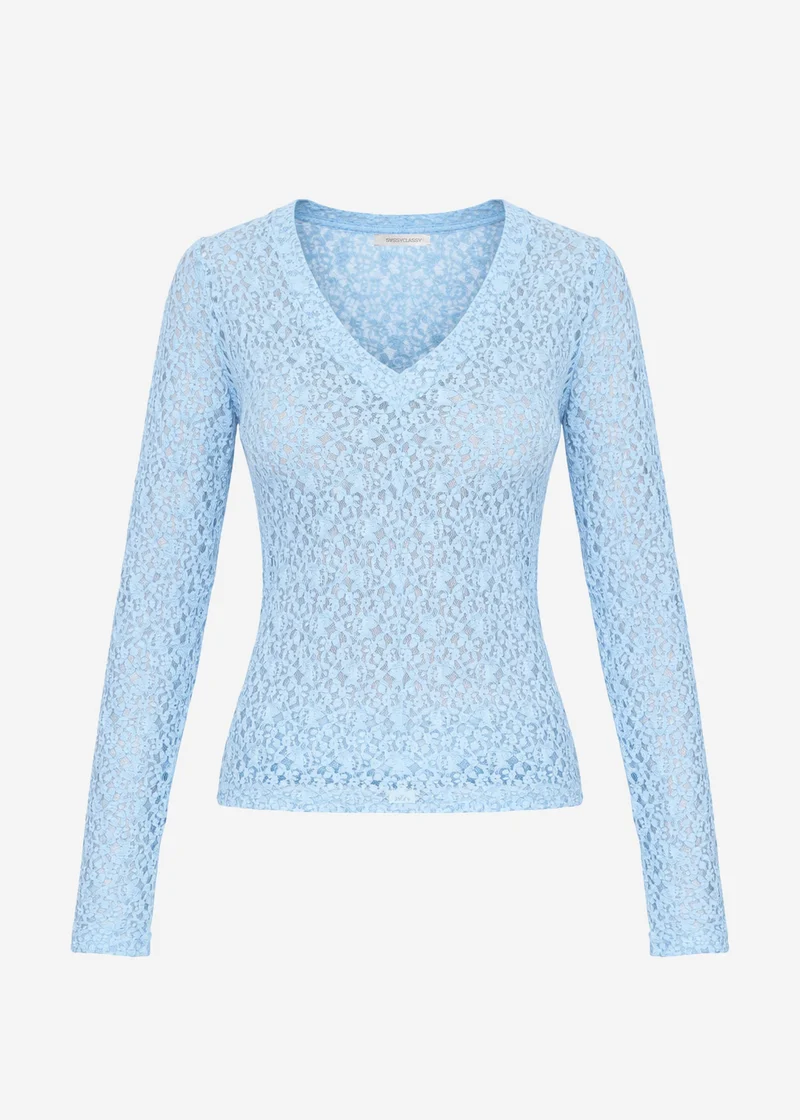 Langarm Spitzenshirt mit V-Ausschnitt - hellblau