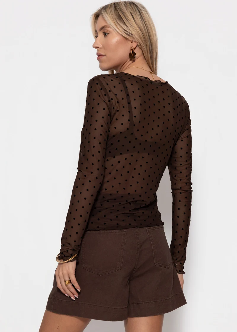 Mesh Langarmshirt mit Punktemuster - braun